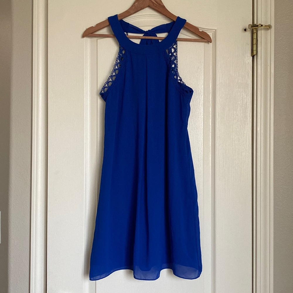 BCX Crochet Tie Back Halter Dress - Royal Blue Size Small